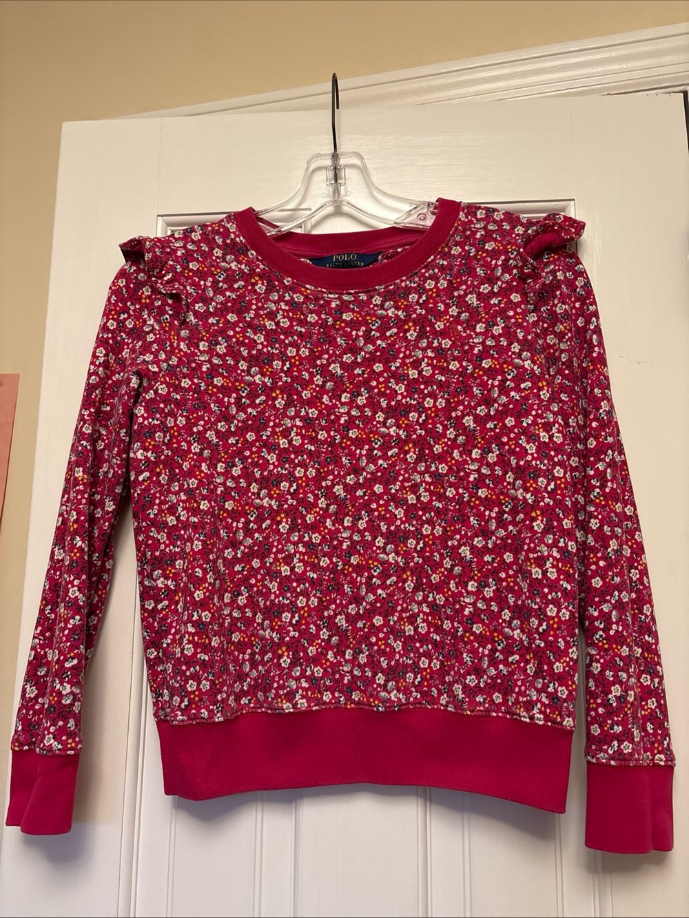 Polo by Ralph Lauren Girls' Fuchsia Floral Ruffle-Shoulder Sweater, size 12-14